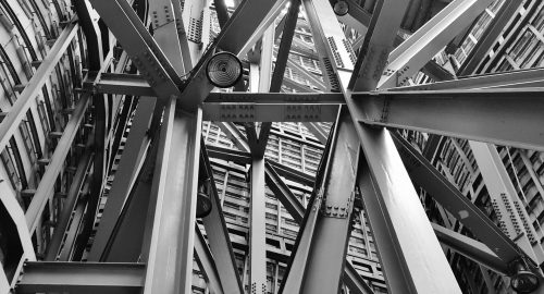 A detailed view of a complex steel framework showcasing modern industrial architecture.