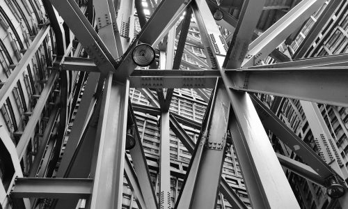 A detailed view of a complex steel framework showcasing modern industrial architecture.